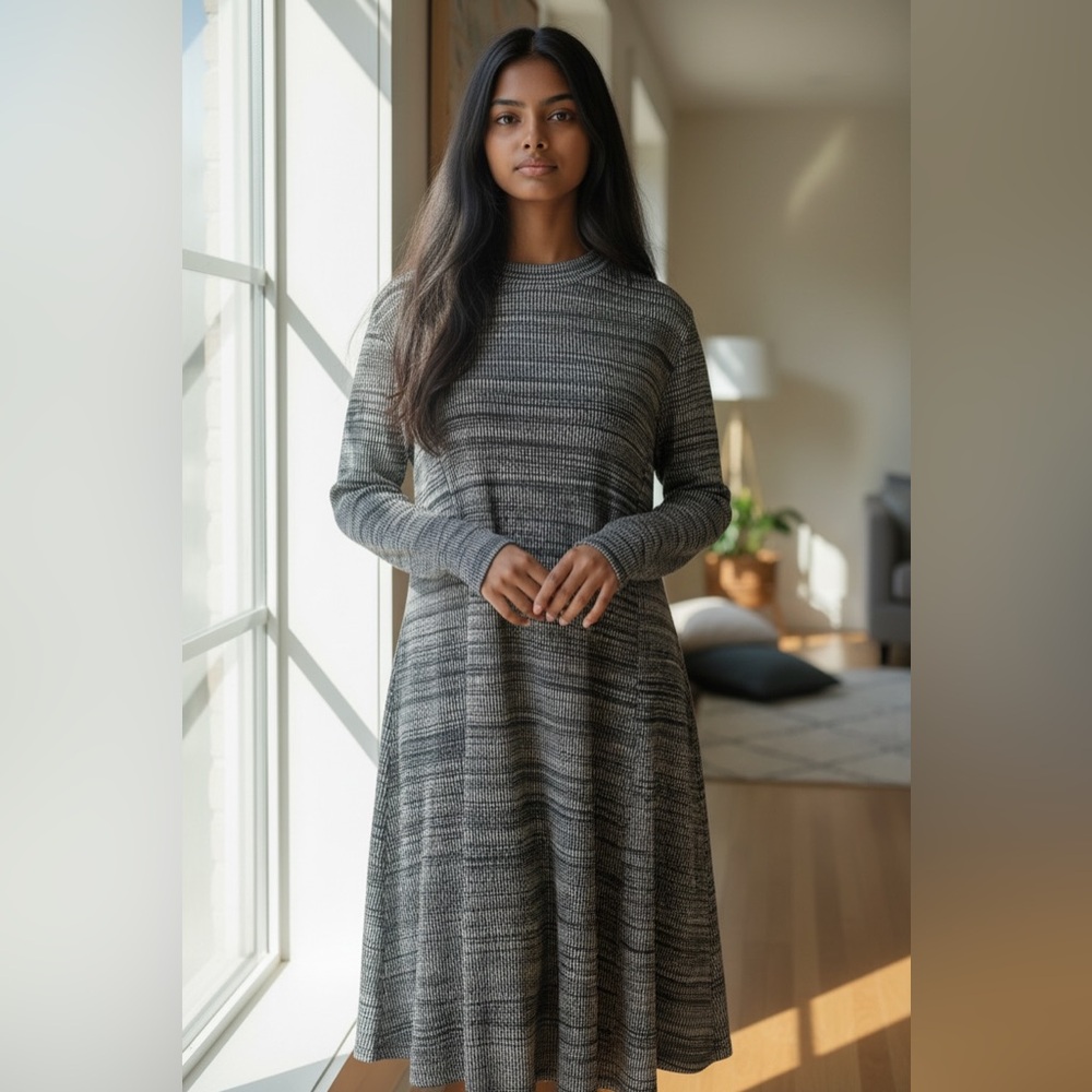 Lush Gray Striped Knit Long-Sleeve Swing Dress